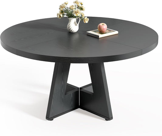 Round Dining Table for 4-6 People, 47 Inches Dining Room Table with Wooden Pedestal Base, Black Dinner Tables, Circle Kitchen Tables for Dining Room, Kitchen, Living Room