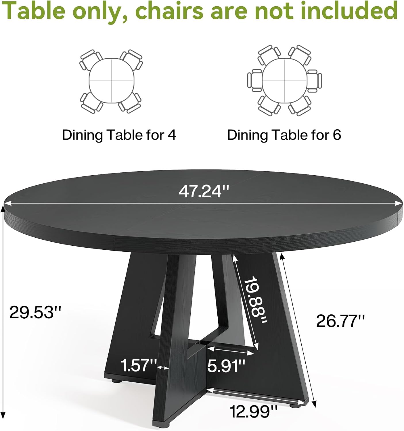 Round Dining Table for 4-6 People, 47 Inches Dining Room Table with Wooden Pedestal Base, Black Dinner Tables, Circle Kitchen Tables for Dining Room, Kitchen, Living Room