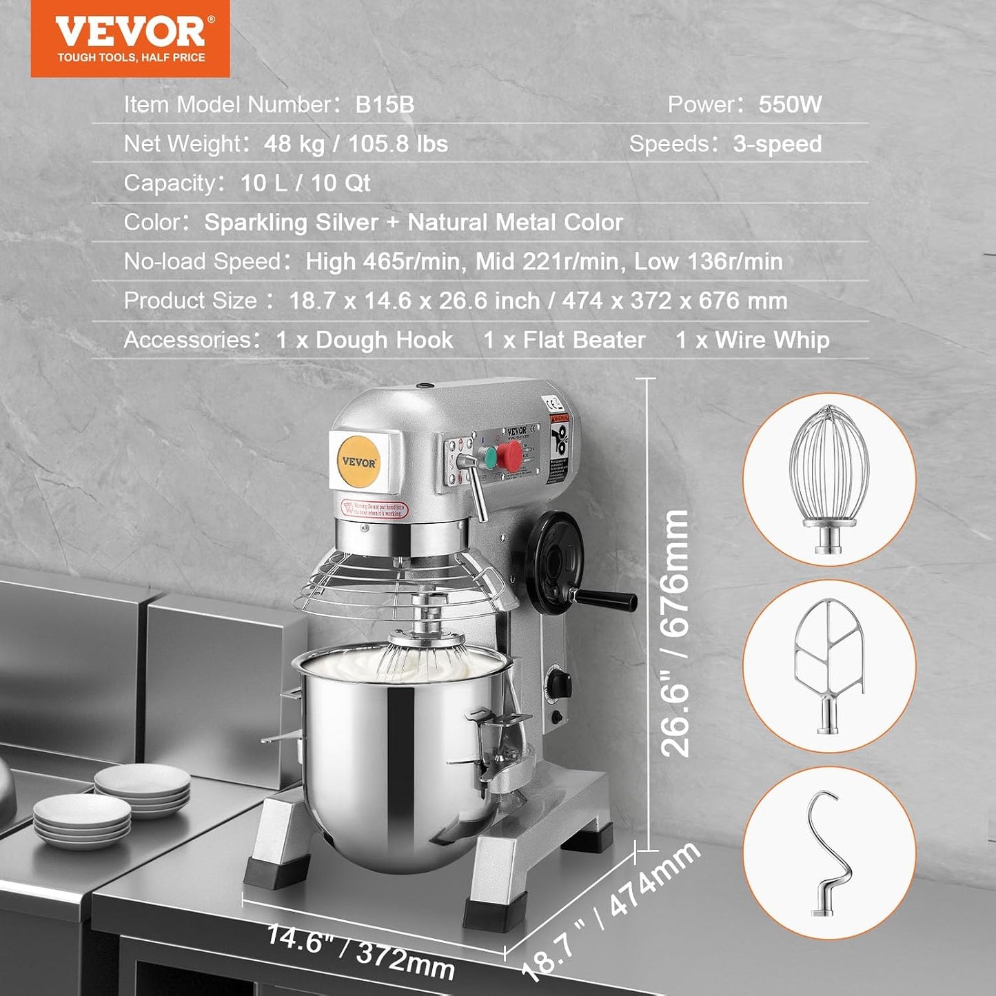 Commercial Food Mixer, 15Qt Capacity with Timer, 500W Stainless Bowl Durable Electric Mixer for Commercial Use, 3 Speed Options 113/184/341 RPM, Includes Dough Hook & Whisk