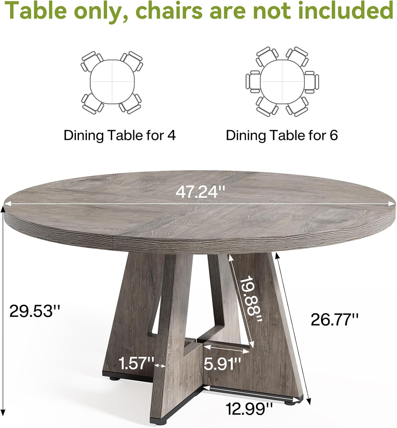 Round Dining Table for 4-6 People, 47 Inches Dining Room Table with Wooden Pedestal Base, Grey Dinner Tables, Circle Kitchen Tables for Dining Room, Kitchen, Living Room(Table Only)