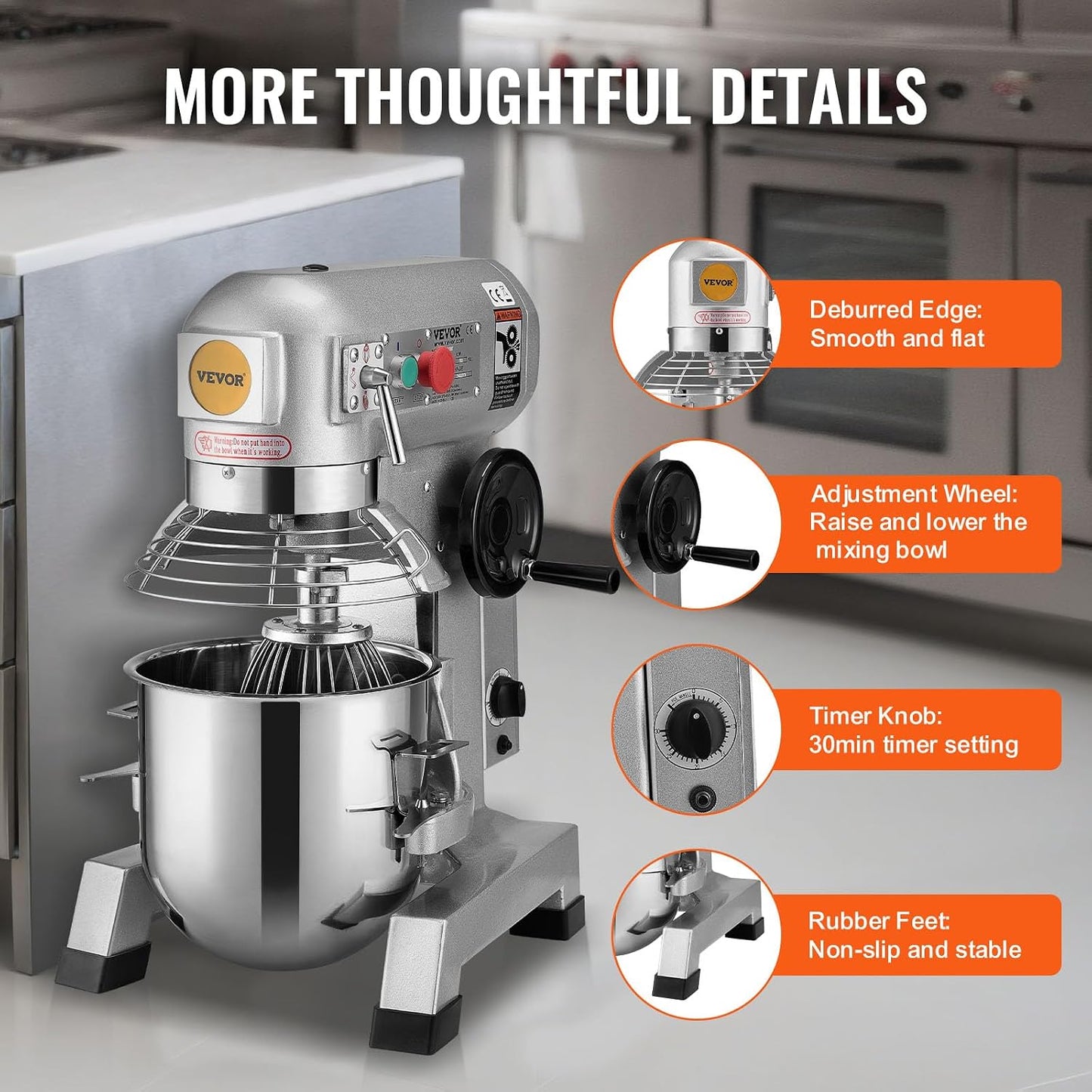 Commercial Food Mixer, 15Qt Capacity with Timer, 500W Stainless Bowl Durable Electric Mixer for Commercial Use, 3 Speed Options 113/184/341 RPM, Includes Dough Hook & Whisk
