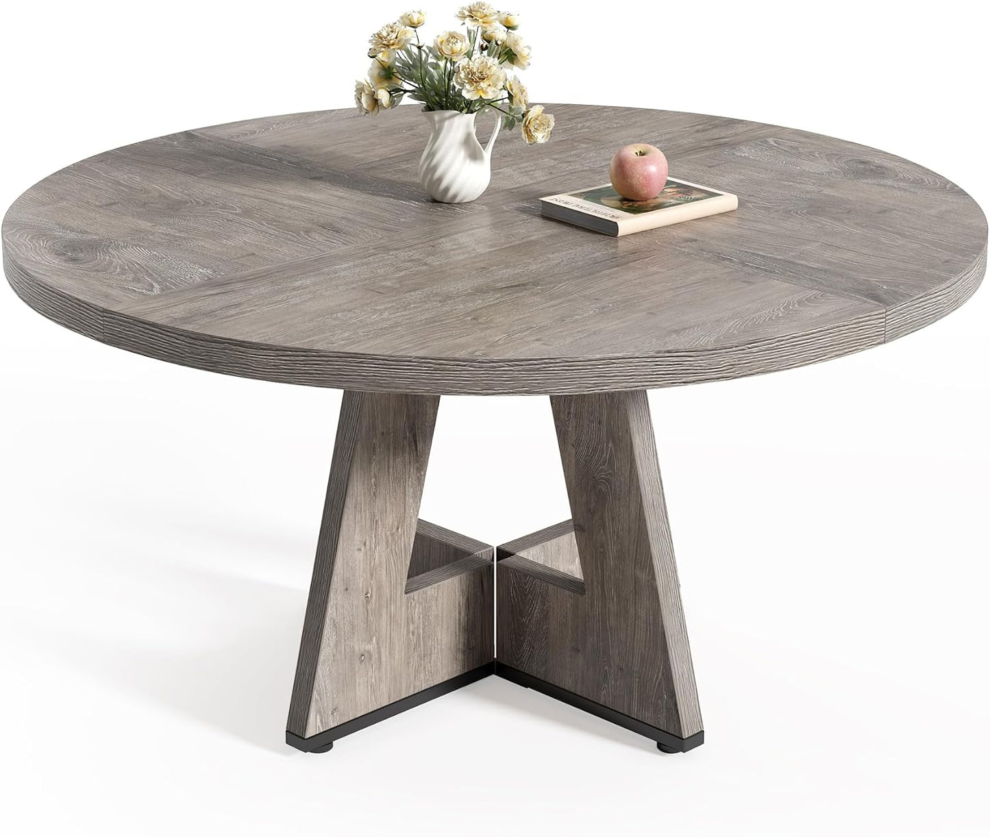 Round Dining Table for 4-6 People, 47 Inches Dining Room Table with Wooden Pedestal Base, Grey Dinner Tables, Circle Kitchen Tables for Dining Room, Kitchen, Living Room(Table Only)