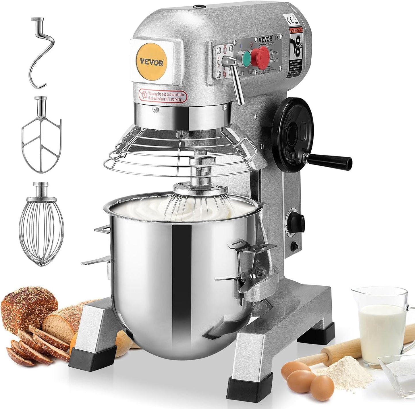 Commercial Food Mixer, 15Qt Capacity with Timer, 500W Stainless Bowl Durable Electric Mixer for Commercial Use, 3 Speed Options 113/184/341 RPM, Includes Dough Hook & Whisk