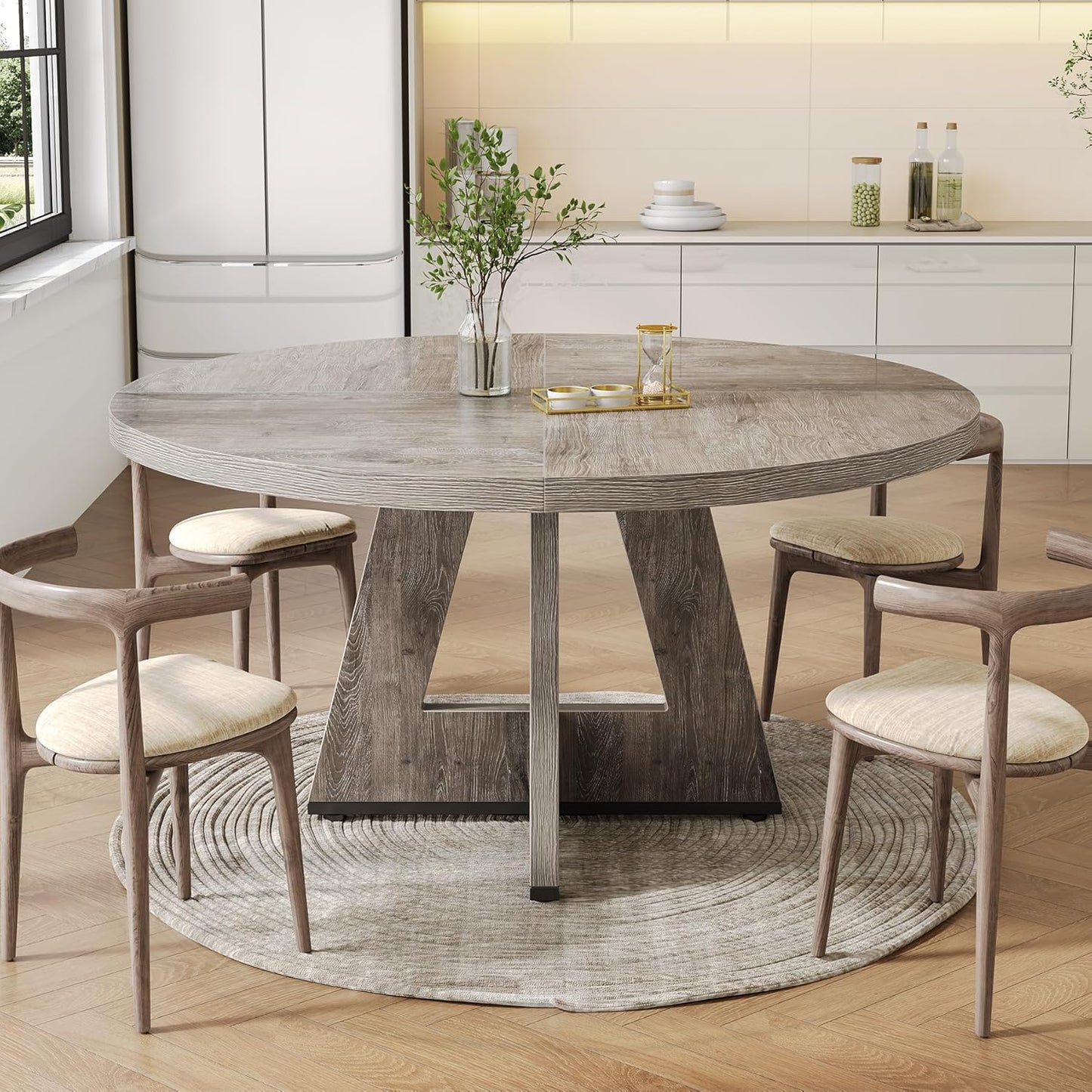 Round Dining Table for 4-6 People, 47 Inches Dining Room Table with Wooden Pedestal Base, Grey Dinner Tables, Circle Kitchen Tables for Dining Room, Kitchen, Living Room(Table Only)