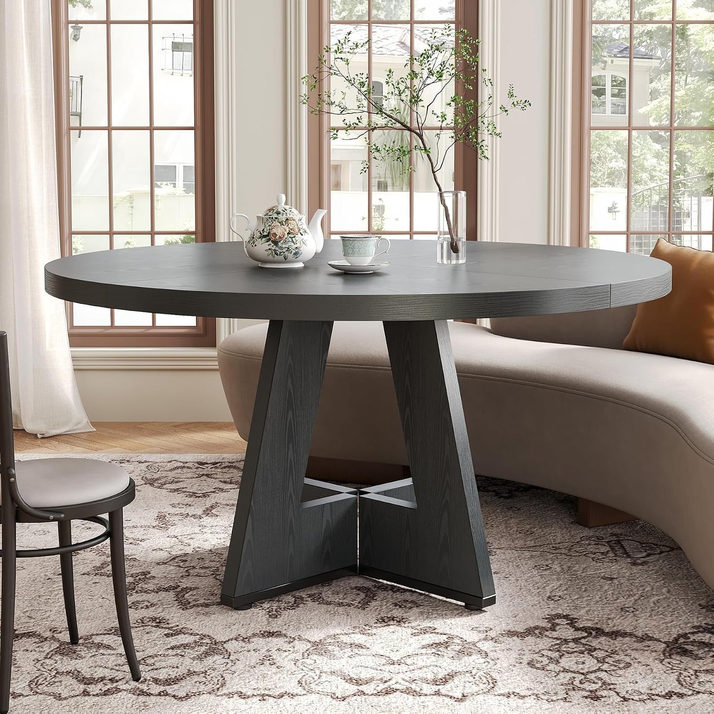 Round Dining Table for 4-6 People, 47 Inches Dining Room Table with Wooden Pedestal Base, Black Dinner Tables, Circle Kitchen Tables for Dining Room, Kitchen, Living Room