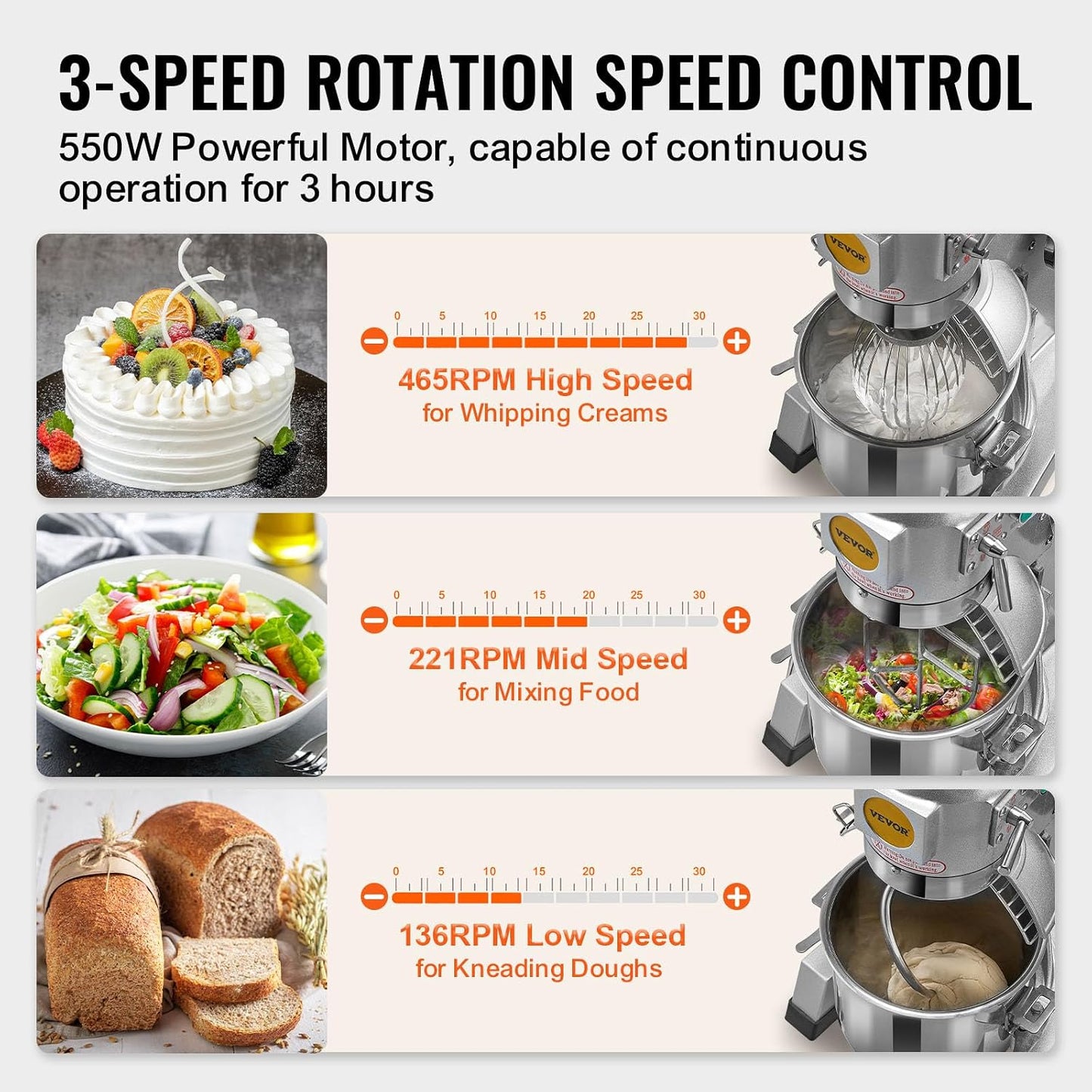 Commercial Food Mixer, 15Qt Capacity with Timer, 500W Stainless Bowl Durable Electric Mixer for Commercial Use, 3 Speed Options 113/184/341 RPM, Includes Dough Hook & Whisk