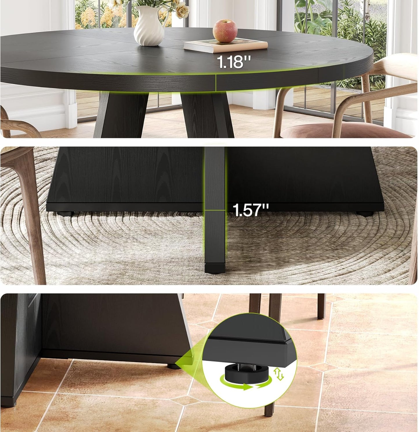 Round Dining Table for 4-6 People, 47 Inches Dining Room Table with Wooden Pedestal Base, Black Dinner Tables, Circle Kitchen Tables for Dining Room, Kitchen, Living Room