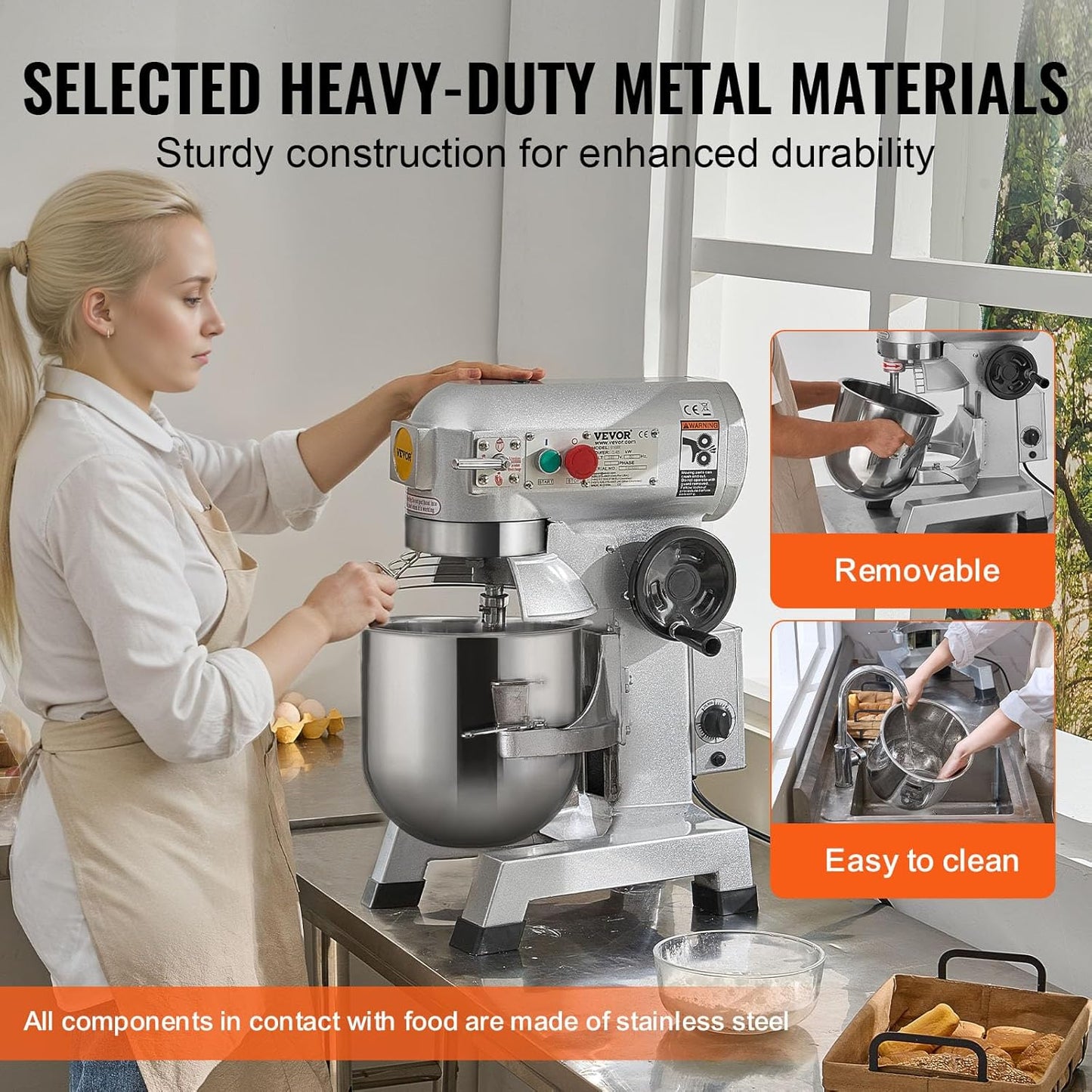 Commercial Food Mixer, 15Qt Capacity with Timer, 500W Stainless Bowl Durable Electric Mixer for Commercial Use, 3 Speed Options 113/184/341 RPM, Includes Dough Hook & Whisk