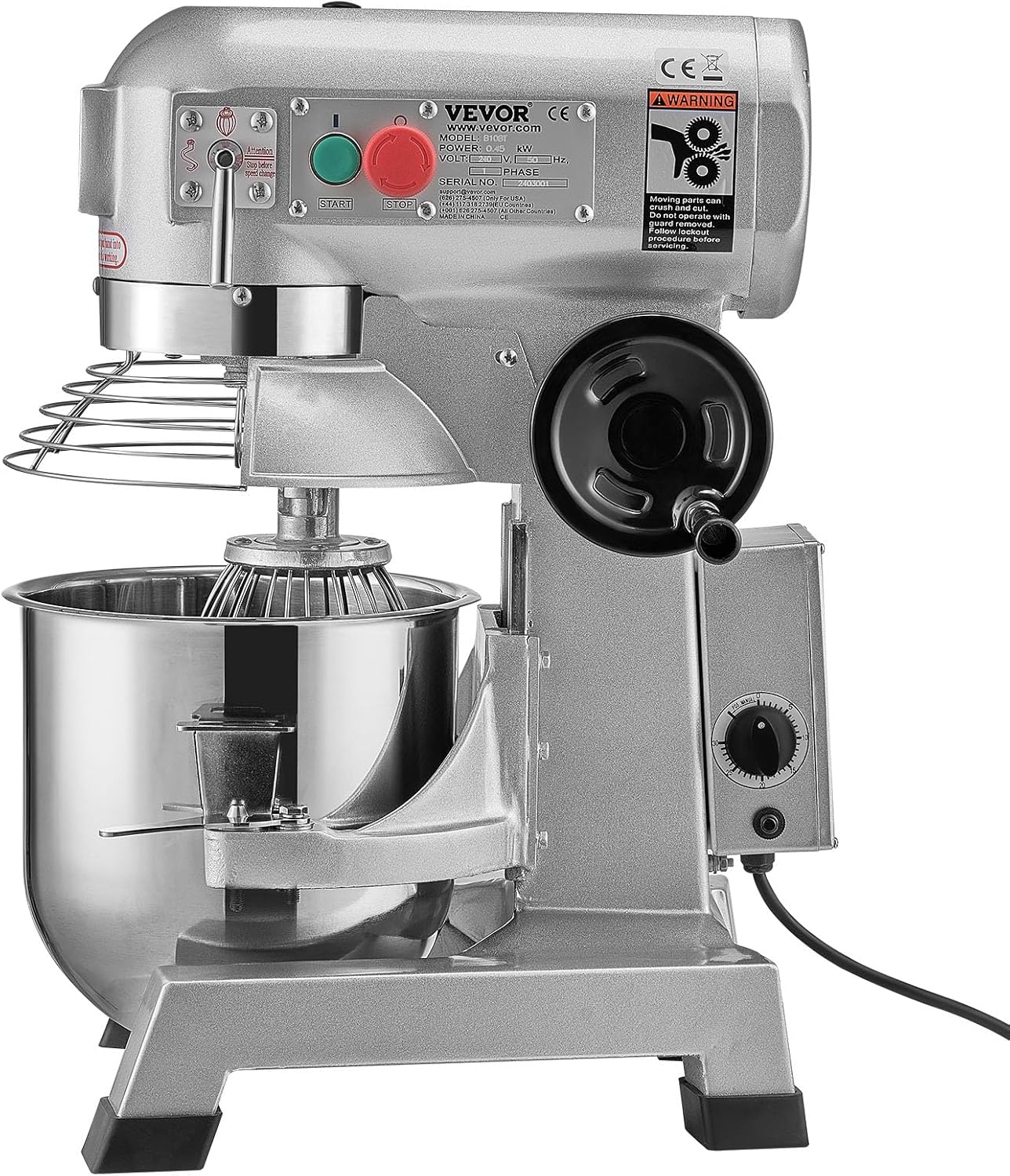 Commercial Food Mixer, 15Qt Capacity with Timer, 500W Stainless Bowl Durable Electric Mixer for Commercial Use, 3 Speed Options 113/184/341 RPM, Includes Dough Hook & Whisk