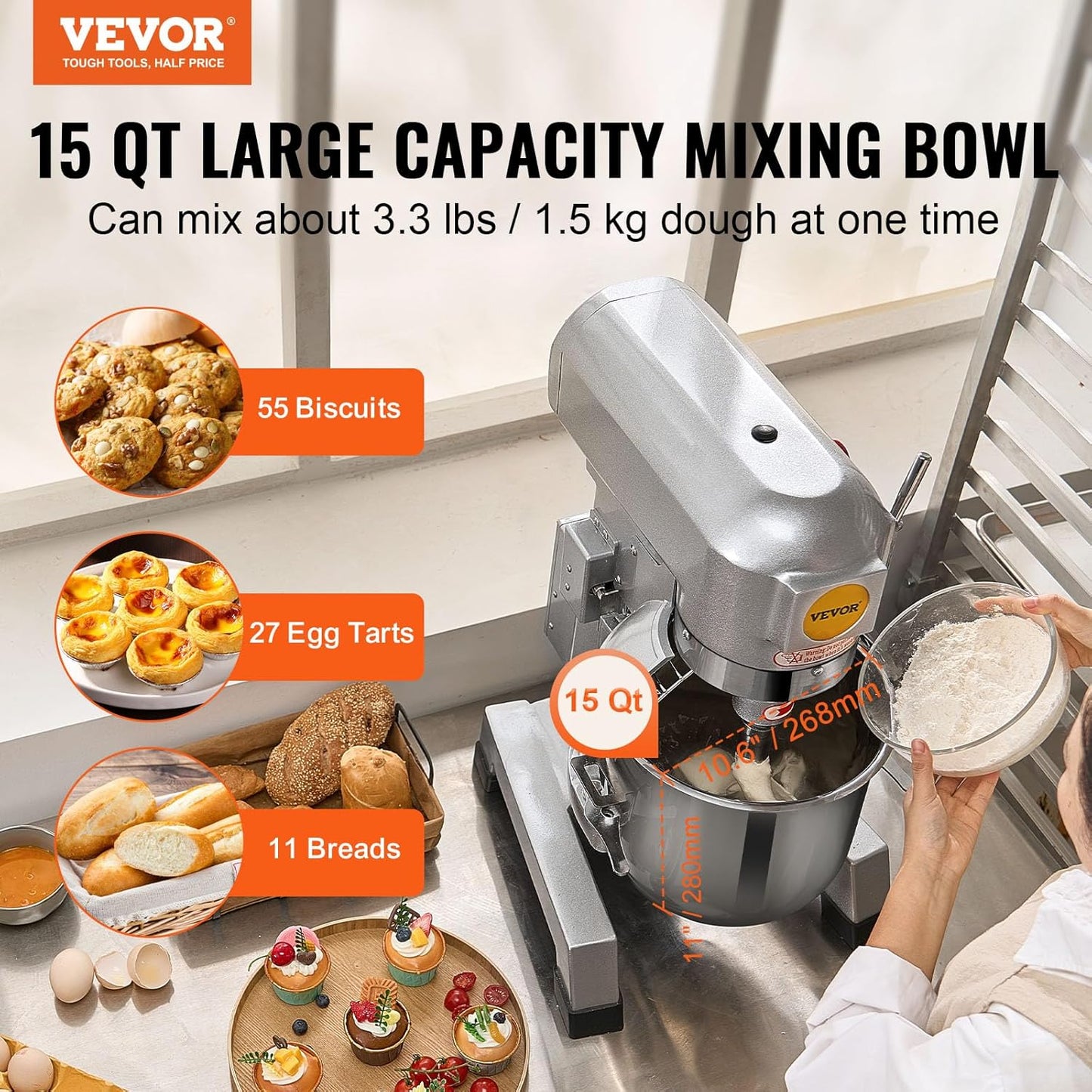 Commercial Food Mixer, 15Qt Capacity with Timer, 500W Stainless Bowl Durable Electric Mixer for Commercial Use, 3 Speed Options 113/184/341 RPM, Includes Dough Hook & Whisk