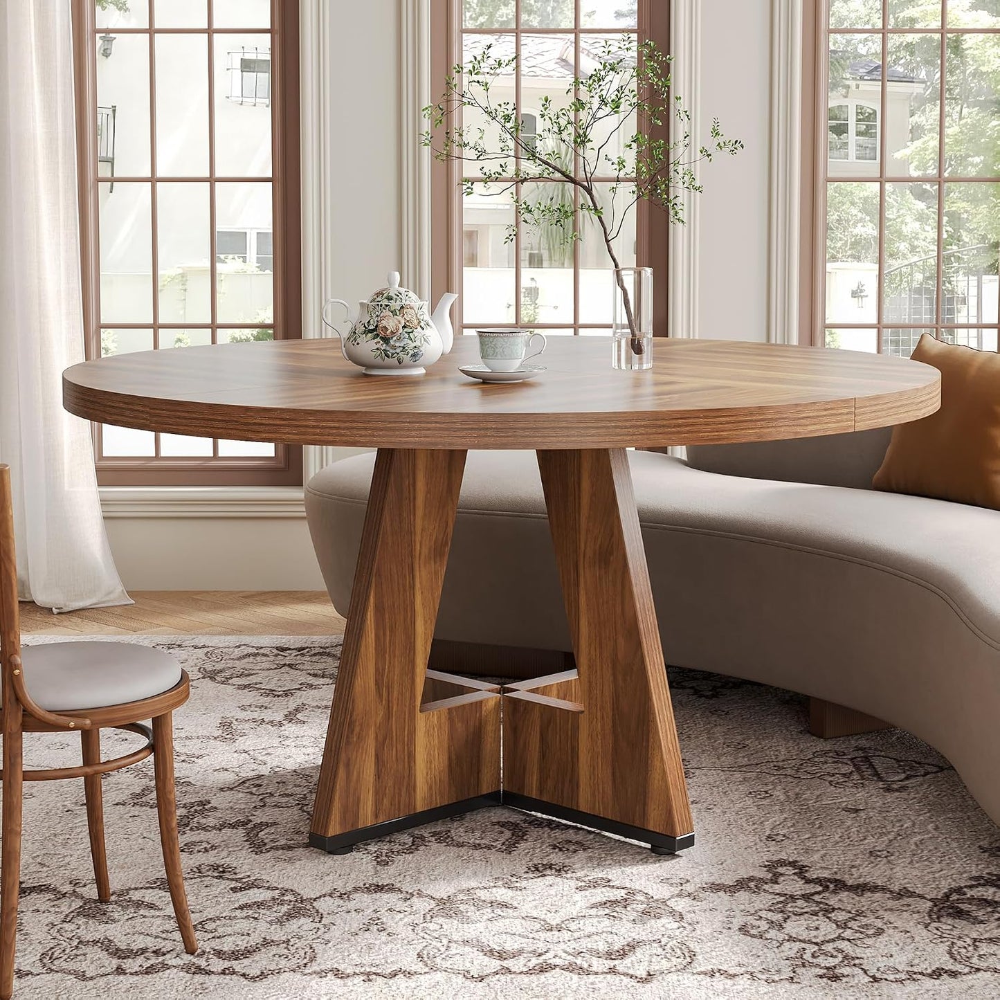 Round Dining Table for 4-6 People, 47 Inches Dining Room Table with Wooden Pedestal Base, Brown Dinner Tables, Circle Kitchen Tables for Dining Room, Kitchen, Living Room(Table Only)