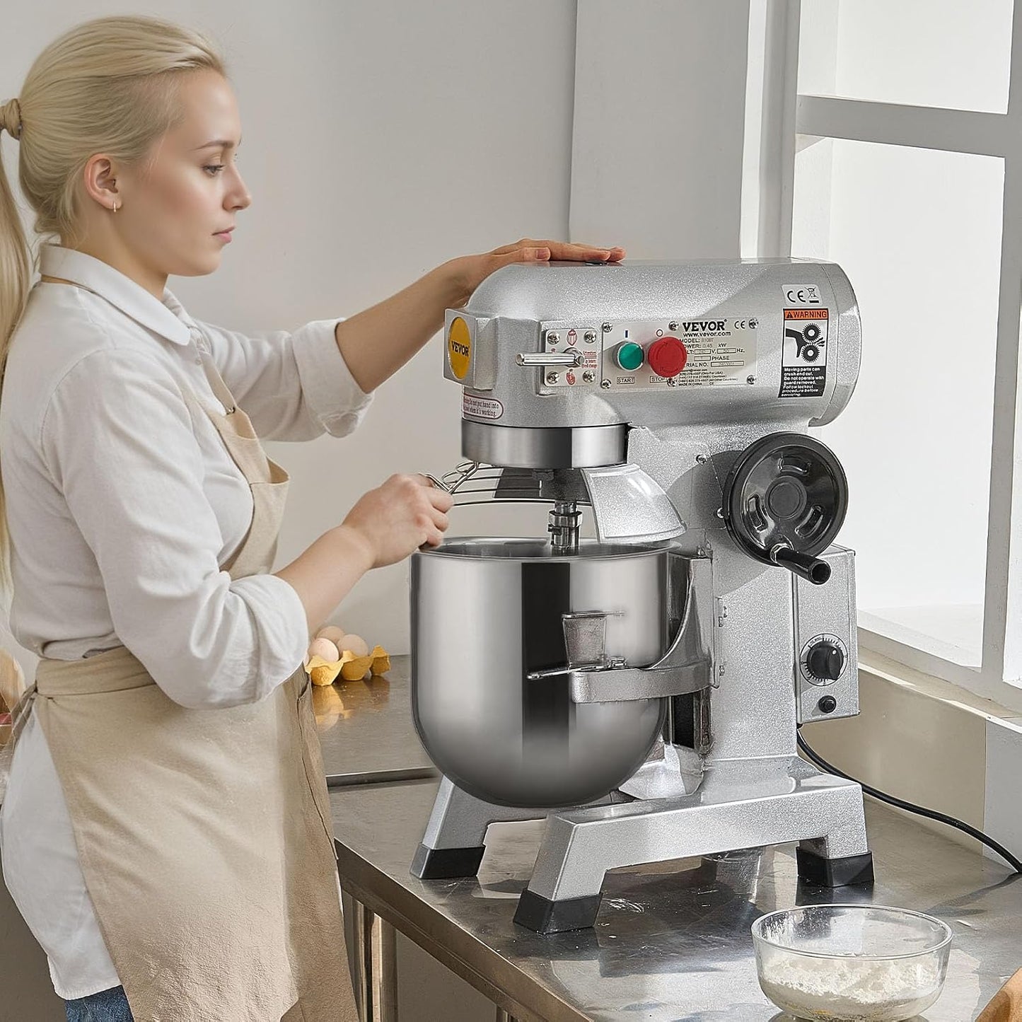 Commercial Food Mixer, 15Qt Capacity with Timer, 500W Stainless Bowl Durable Electric Mixer for Commercial Use, 3 Speed Options 113/184/341 RPM, Includes Dough Hook & Whisk