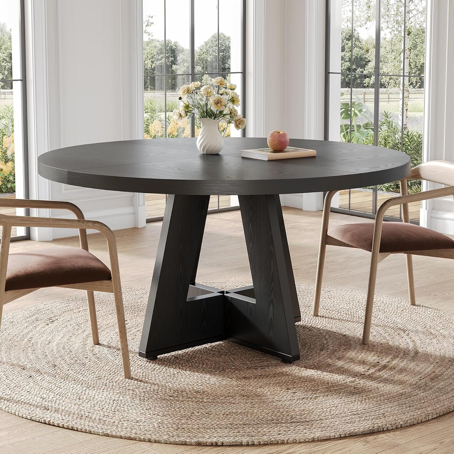 Round Dining Table for 4-6 People, 47 Inches Dining Room Table with Wooden Pedestal Base, Black Dinner Tables, Circle Kitchen Tables for Dining Room, Kitchen, Living Room