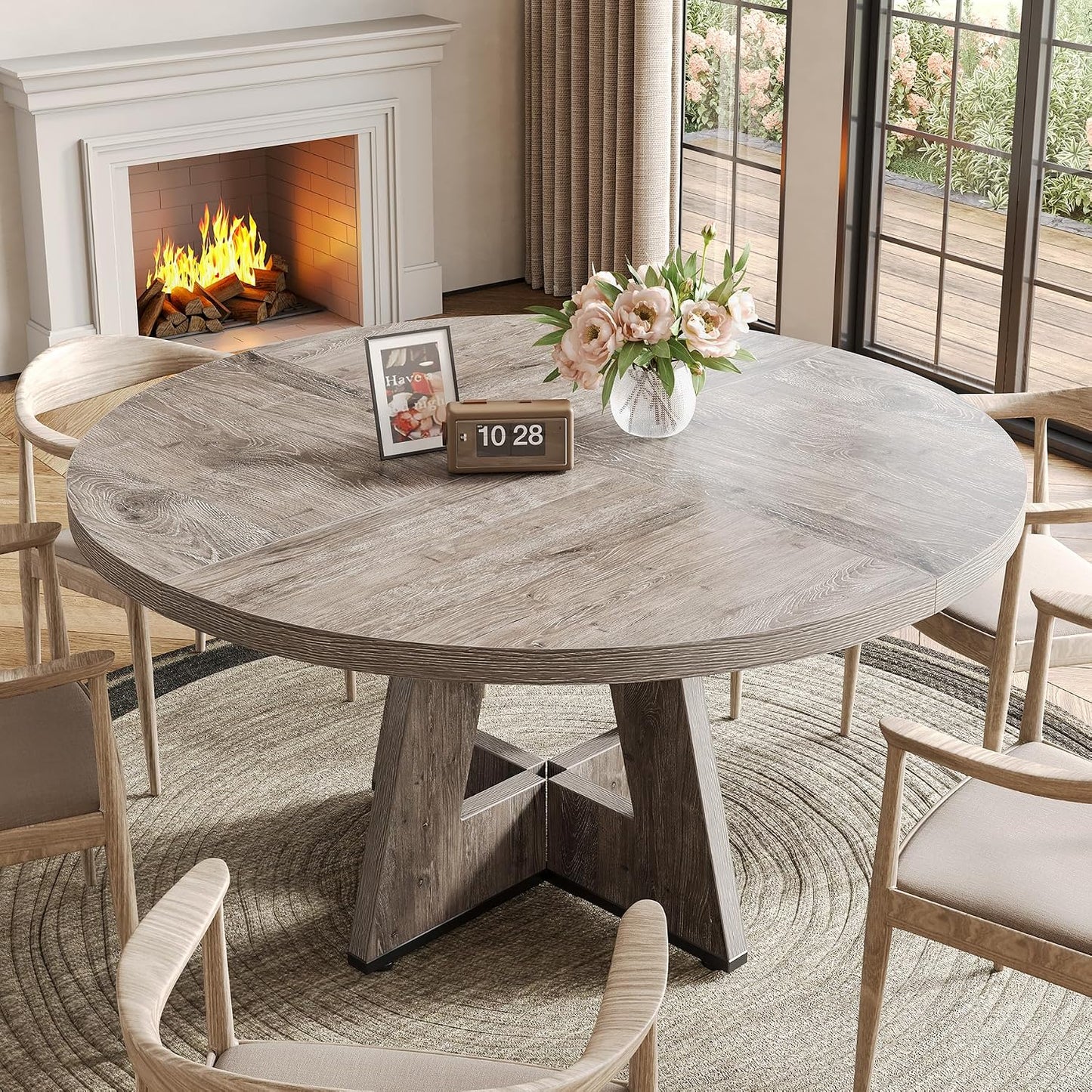 Round Dining Table for 4-6 People, 47 Inches Dining Room Table with Wooden Pedestal Base, Grey Dinner Tables, Circle Kitchen Tables for Dining Room, Kitchen, Living Room(Table Only)