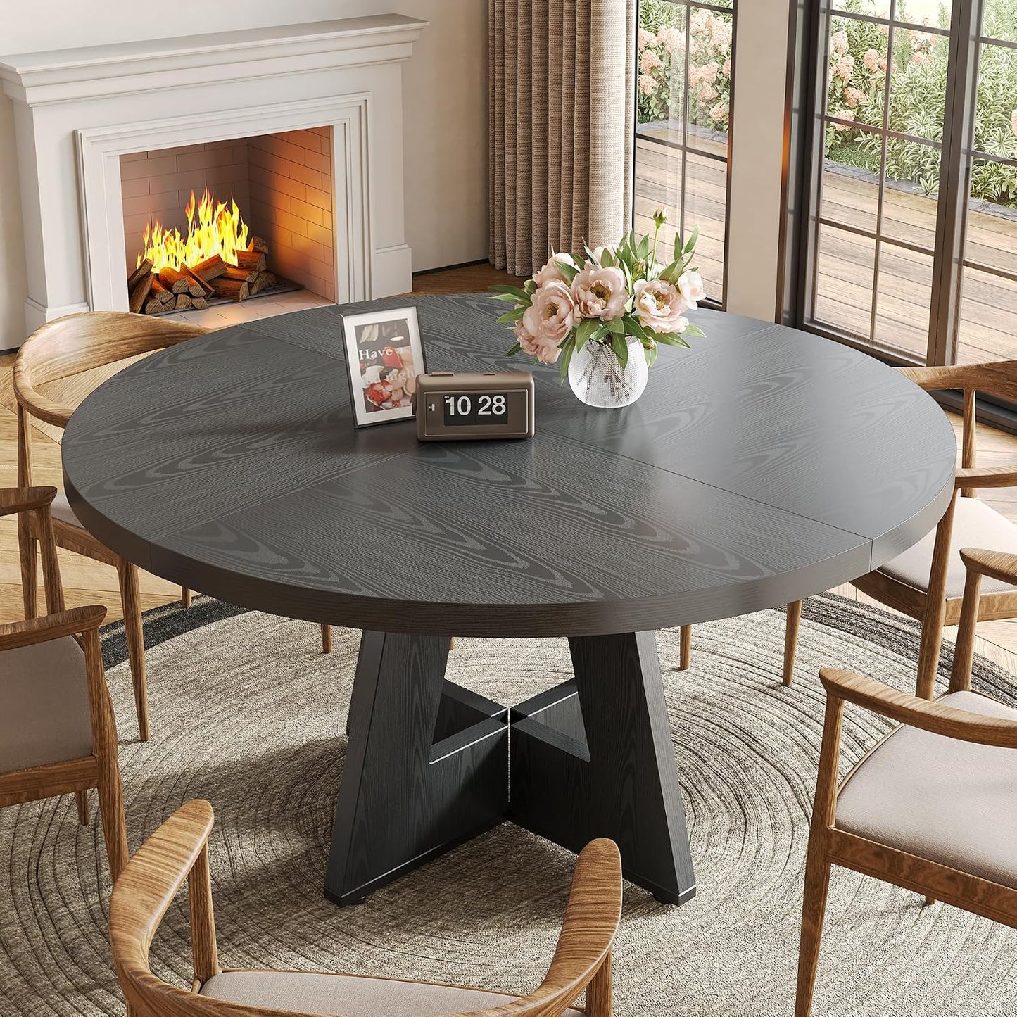 Round Dining Table for 4-6 People, 47 Inches Dining Room Table with Wooden Pedestal Base, Black Dinner Tables, Circle Kitchen Tables for Dining Room, Kitchen, Living Room