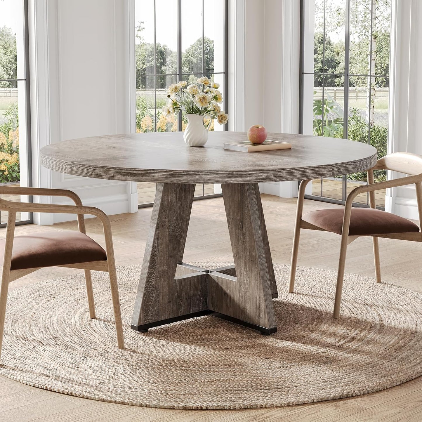 Round Dining Table for 4-6 People, 47 Inches Dining Room Table with Wooden Pedestal Base, Grey Dinner Tables, Circle Kitchen Tables for Dining Room, Kitchen, Living Room(Table Only)