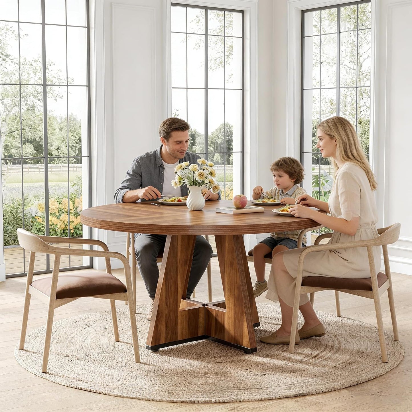 Round Dining Table for 4-6 People, 47 Inches Dining Room Table with Wooden Pedestal Base, Brown Dinner Tables, Circle Kitchen Tables for Dining Room, Kitchen, Living Room(Table Only)